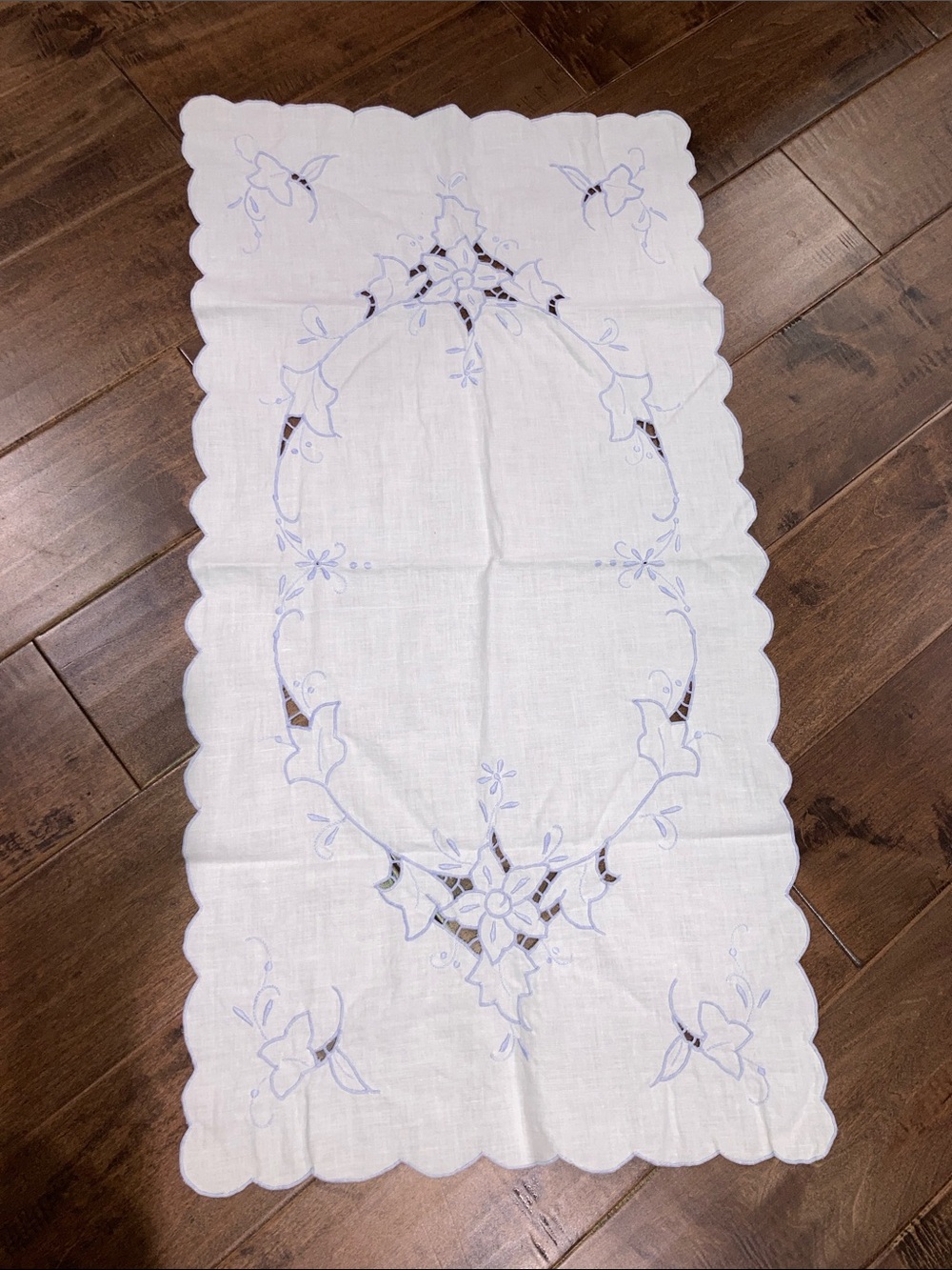 Vintage White & Blue Floral Embroidered Table Runner - 16” x 30”